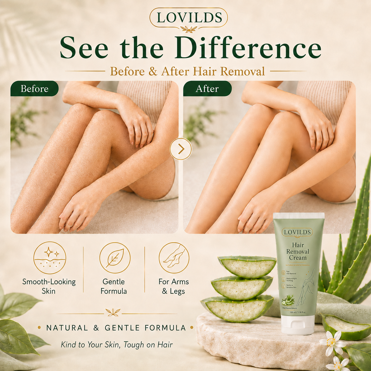 Soieva | LOVILDS Painless Depilatory Cream – No Razor Bumps, No Harsh Odor