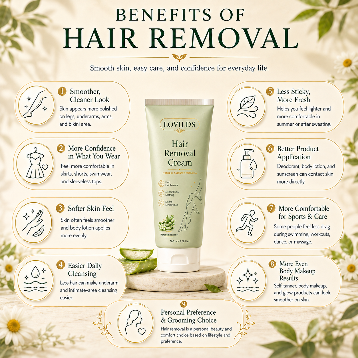 Soieva | LOVILDS Painless Depilatory Cream – No Razor Bumps, No Harsh Odor